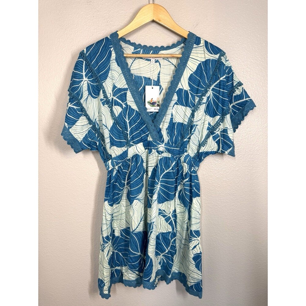 America & Beyond M Tropical Palm Fiesta Crochet Trim Mini Dress Cover Up Tunic